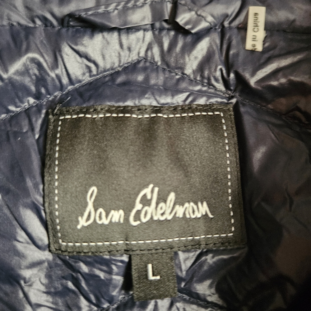 Sam Edleman Asymmetrical Chevron Quilted Down Coat Women's L Navy & Faux Leather - Picture 4 of 15